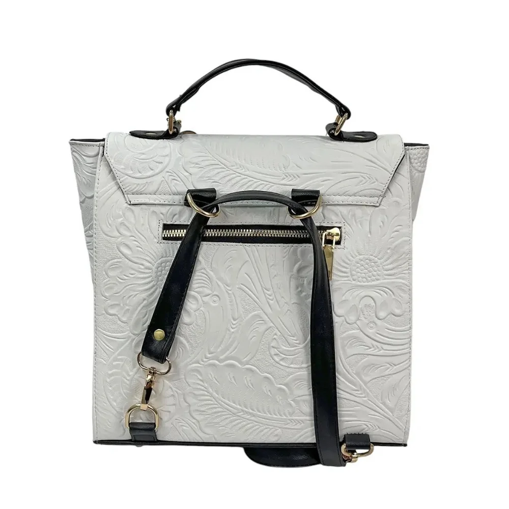 LEATHER Black & White BACKPACK Embossed Tooled Artisan Shoulder Bag Purse Hobo